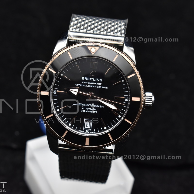 SuperOcean Heritage II BLSF 42mm SS Black Dial Black Ceramic Bezel on RG Bezel and Rubber Bracelet A2824